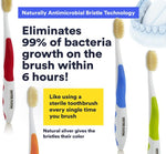 Graphic showing Mouthwatchers toothbrushes with text about antimicrobial bristle technology and reducing bacteria on the brush 